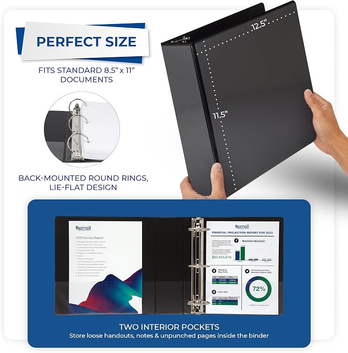 Samsill 4 Inch 3 Ring Binders, Economy Round Ring, Clear View Cover, 675 Sheet Capacity - for School, Home, Office - Black, 4 Pack