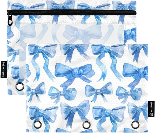 Binder Pencil Pouches Blue Ribbon Bows Watercolor Pen Case | Clear Window 3 Rings, Cosmetic Bags School Office Supplies Cosmetic Makeup Bag 2 Psc