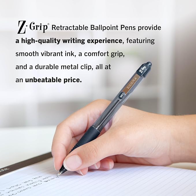 Zebra Pen Z-Grip Retractable Ballpoint Pen, Smooth-Flowing Black Ink, 1.0mm Medium Point, School & Office Supplies, Ideal for Note-Taking, Journal and Planner Use, 24-Pack (12221)