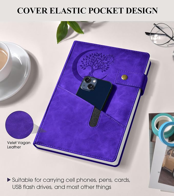 PAIBAS A5 Journal Notebook College Ruled 366 Page Leather Journal for Women | Medium notebook A5 journal with 100gsm lined notebook paper, 3 ribbon bookmarks, cover pocket & brass snap button 5.9"x8.4"