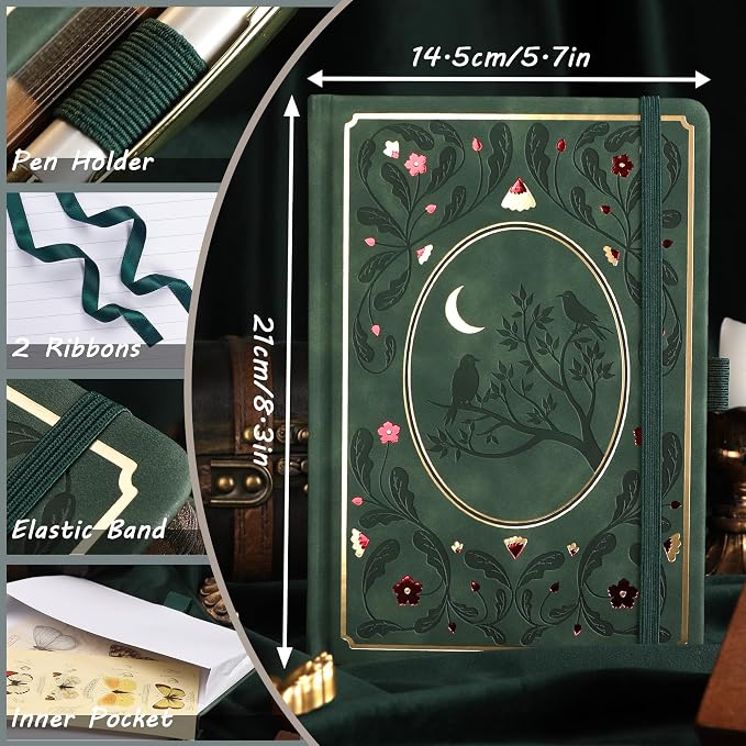 TIEFOSSI Line Journal Notebook, A5 Hardcover Rule Journal for Women Men | 100gsm 316 Numbered Pages Diary, Aesthetic Leather Bird Pattern for Journaling Organization,Planning, Tracking & Sketching