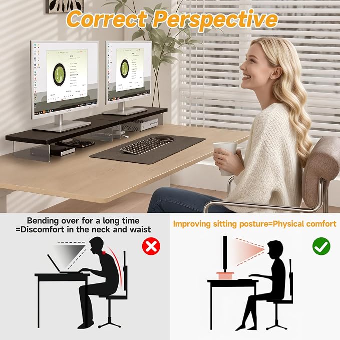 Computer Monitor Stands, Wood & Acrylic Computer Monitor Stand, Desk Monitor Stand Underneath Storage For Office, Home, School Supplies, 15.7" L (Black)
