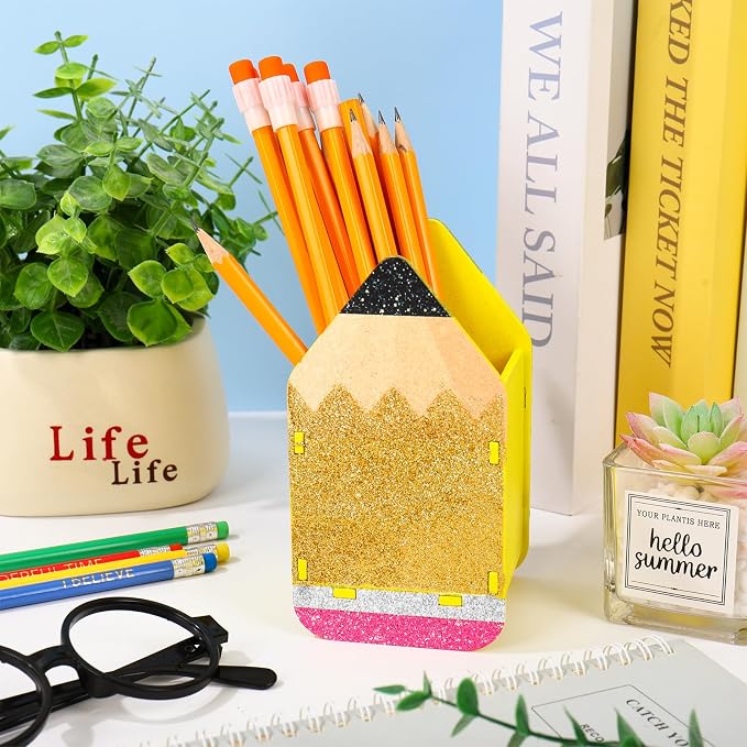 JarThenaAMCS 2 Pcs Back to School Glitter Pencil Shaped Pencil Holder Wooden Dispenser Pen Storage Container Box for Classroom Teacher Appreciation Student Desk Organization Supplies