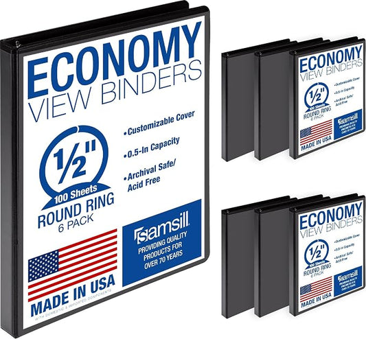 Samsill 0.5 Inch 3 Ring Binder, Economy Round Ring, Clear View Cover, 100 Sheet Capacity - for School, Home, Office - Black, 6 Pack