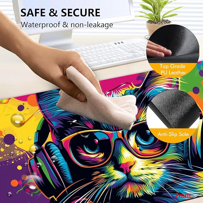 Heated Mouse Pad with 3 Levels Heated & 3 Hours Auto Shut-Off Mouse Pad for Warming Hands in Office Home, 31.5" x 13"Large Safe Desk Mat Hand Warmer，Colorful Eyeglass Cat