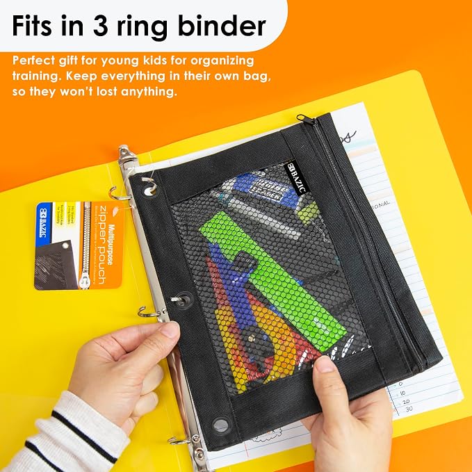 BAZIC Pencil Pouch 3 Ring Binder Pouch w/Rivet Enforced Rings Holes, Mesh Window, Zipper Pouches Cosmetic Bag, Black Color, 1-Count | clear mesh window and a zipper closure for pens, pencils, supplies