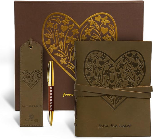 Sovereign-Gear Heart Embossed Leather Journal Gift Set – Handmade Leather Notebook with Pen & Bookmark | Writing Journal for Men & Women | Sentimental Gift Box for Anniversary, Valentine’s or Birthday