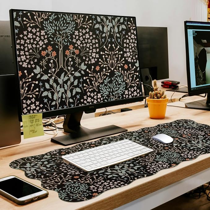 L-SPOUTTO Botanical Mouse Pad,Black Desk Mat XXL Large Scalloped Gaming Mousepad,35.4x15.12in Non-Slip Base Keyboard Pad Waterproof Desktop Mat for Laptop Computer Game Home Office-Seamless Plants