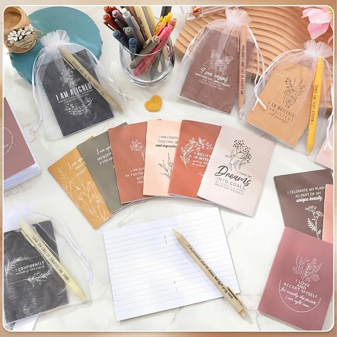 Mooliwe 24 Pcs Positive Affirmation Gift Set Gratitude Notebooks with Pens Small Bags Motivational Encouragement Notepads Daily Affirmations Journal for Women Stress Relief Self Care (Soft)