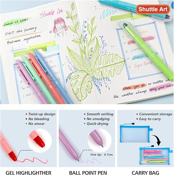 Bible Highlighters and Pens, 22 Pack Journaling Kit, 12 Colors Gel Highlighters and 10 Colors Ballpoint Pens with a storage bag, Bible Markers No Bleed Through by Shuttle Art
