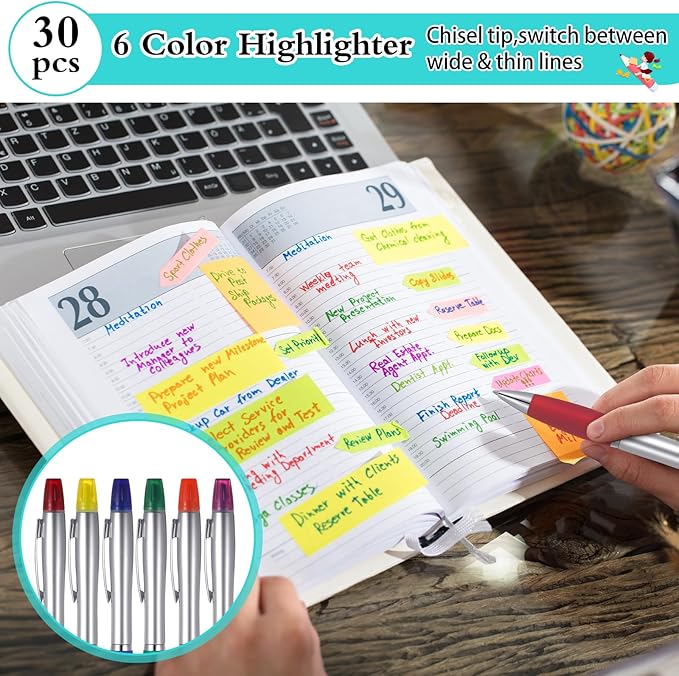 Colarr 30 Pcs Highlighter with Ballpoint Pen Combo Chisel Tips Pen Highlighter Combo for Student Office Writing Coloring Underlining Highlighting(Multi Colors)