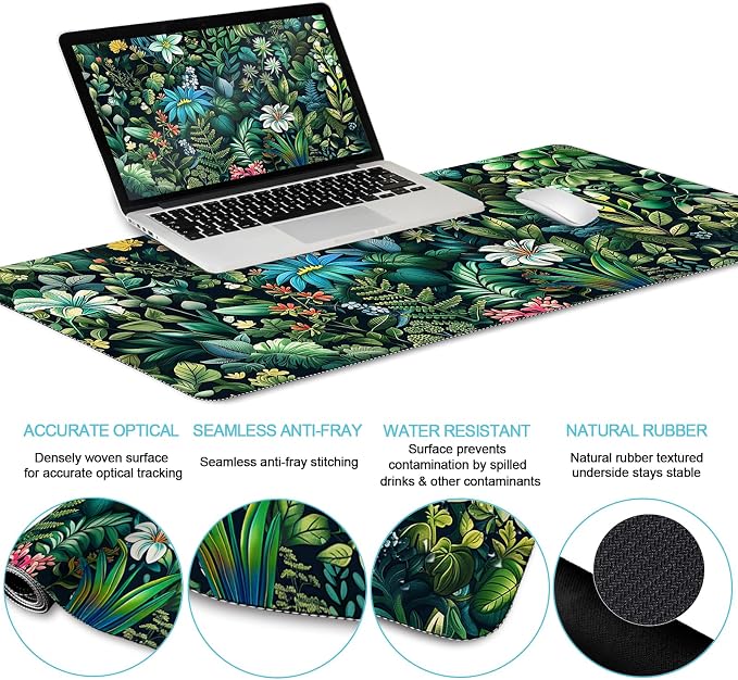 LIMKRIAN Floral Large Desk Mat Set, Green Mouse Pad with Wrist Rest | Ergonomic Gel Wrist Rest, Computer Mat, Keyboard Wrist Support, XXL Mousepad, Coaster, Green Office Desk Accessories Decor