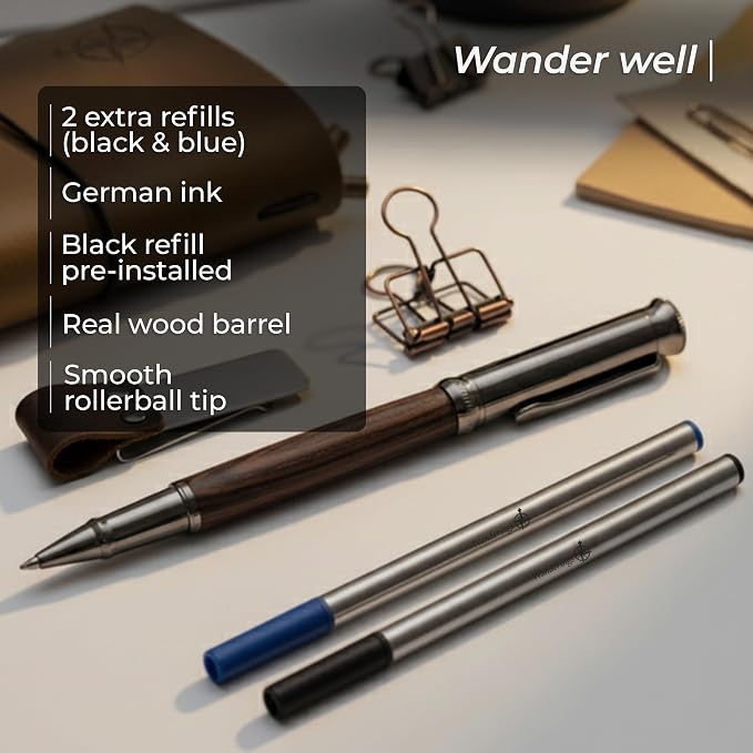 WANDERINGS Pocket Size Travelers Notebook Bundle – 4" x 5.1" (10 x 13cm) – Genuine Leather Journal with Pen Holder, Pen, 2 Ink Refills, PVC Folder & Binder Clip