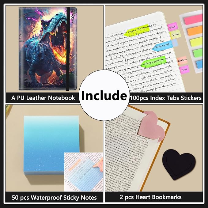 A5 Leather Lined Journal Notebook, 200 Pages Hardcover Executive Notebook for Men Women Office School Note Taking, Thick Writing Paper Daily Journal with Bookmarks/Indexes,Dinosaur