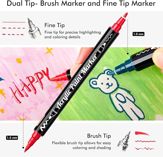Shuttle Art 48 Colors Dual Tip Acrylic Paint Markers, Brush Tip and Fine Tip Acrylic Paint Pens for Rock Painting, Ceramic, Wood, Canvas, Plastic, Glass, Stone, Calligraphy, Card, DIY Football Crafts