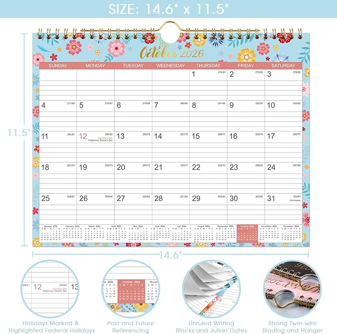 Calendar 2026-2027 - Wall Calendar 2026-2027 with 18 Months，14.6" x 11.5" | Jul 2026 - Dec 2027, Twin-Wire Binding + Hanging Hook + Large Blocks + Julian Dates, Perfect Wall Calendar for Organizing