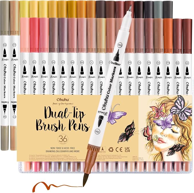 Ohuhu Skin Tone Markers 36 Colors: Dual Tip Brush and Fineliner Markers for Adult Coloring Water Based Art Skintone Marker Pens Set for Portrait Drawing Lettering Writing Calligraphy Journaling - Maui | Brush and Fineliner Markers for Adult Coloring Wa...