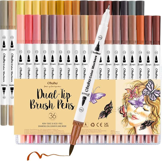 Ohuhu Skin Tone Markers 36 Colors: Dual Tip Brush and Fineliner Markers for Adult Coloring Water Based Art Skintone Marker Pens Set for Portrait Drawing Lettering Writing Calligraphy Journaling - Maui | Brush and Fineliner Markers for Adult Coloring Wa...
