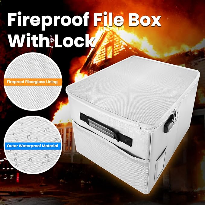Upgraded 5200°F Fireproof Document File Organizer Box, Fireproof Storage Filing Cabinet Box with Lock, Portable Office Safe for Hanging Letter/Legal Folder 16.1 x 12.9 x 11in (Grey)