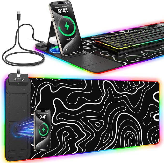 RGB Mouse Pad with Foldable Phone Stand Wireless Charger, 31.5"x11.8" XL Gaming Mousepad Large Desk Mat, Desk Pad with 11 Colors 5 Modes, Waterproof