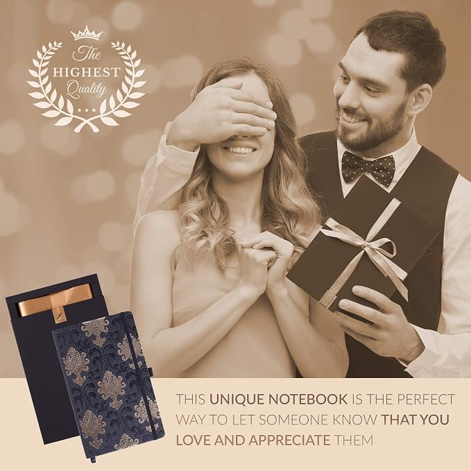 Exclusive Writing Journal for Women and Men - Handmade in Italy with Ivory Paper - Travel Diary Notebook for Daily Notes, Dreams or Planning - Perfect for a Traveler, Writer, Musician(ROSE) (BAROQUE GOLD)