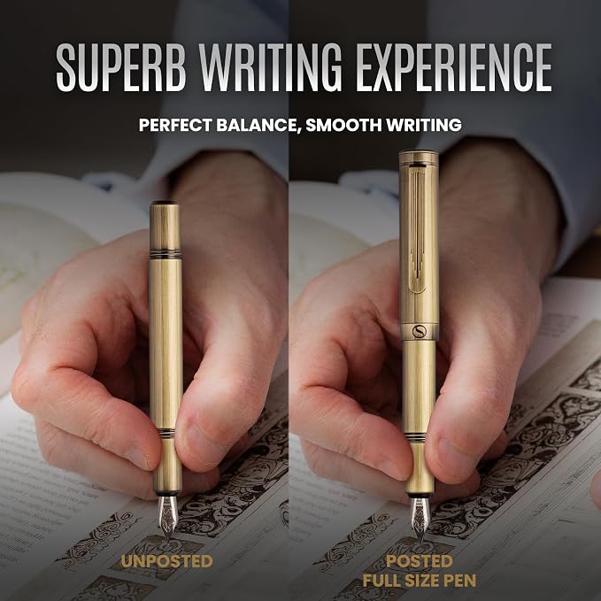 Scriveiner Luxury EDC Fountain Pen (Fine), Bronze Pocket EDC with Hand Brushed Finish, Schmidt German Nib Converter, Best Writing Gift Set for Men & Women, Fancy Pen for the Office & Journaling