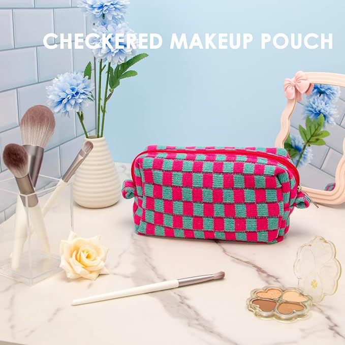 Checkered Makeup Bag for Purse, Small Travel Cosmetic Pouch,Magenta Green | Cute Zipper Makeup Organizer for Women, Travel Essentials, Toiletries, Makeup Brushes, Beauty Accessories&Bridesmaid Gifts
