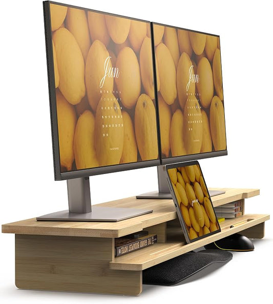42.5” Dual Monitor Stand with Phone & Tablet Holder Desk Shelf | Bamboo monitor Riser for 55-72 inch Desk Cozy Computer Setup Workplace Organizer Keyboard Storage Ergonomic