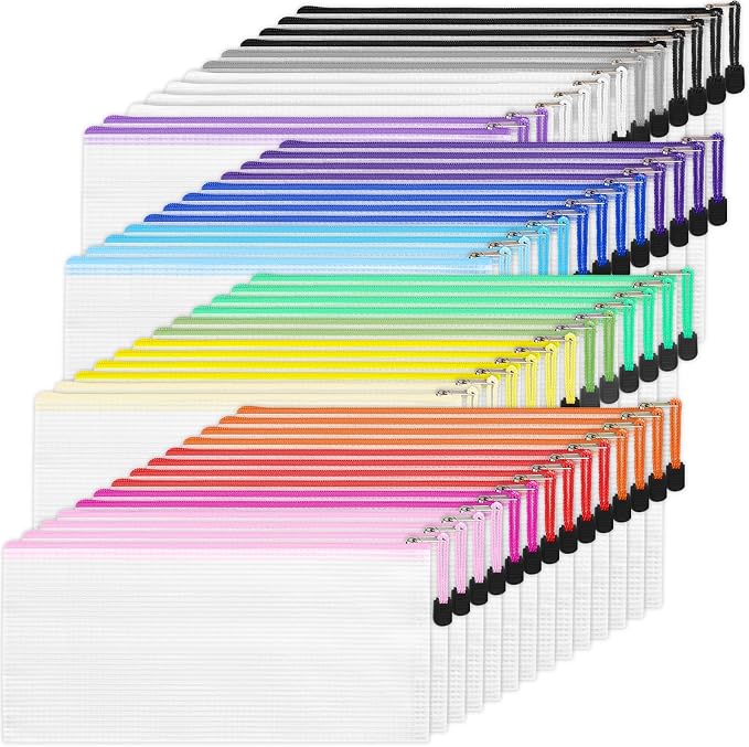 EOOUT Pencil Pouch 50pcs 9.5x4.5 Inches Small Mesh Zipper Pouch in 15 Colors for Bill Travel Tickets Storage and Office Supplies Storage