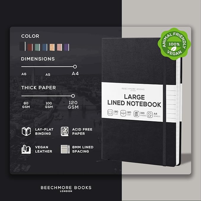 BEECHMORE BOOKS Large Lined Journal Notebook, 8.5" x 11.5" (A4) Hardcover Vegan Leather Executive Diary for Work, Thick 120gsm Paper, Lay-Flat Binding, Gift Box