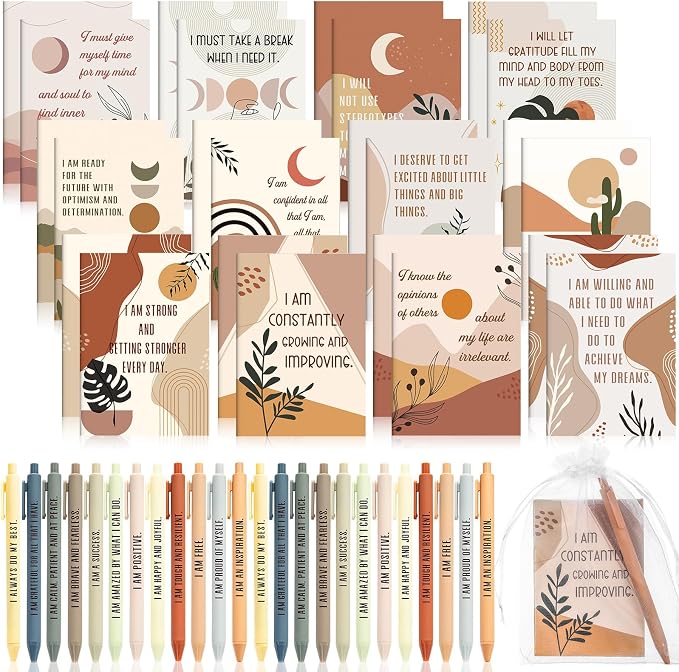 Mooliwe 96 Pcs Positive Affirmation Gift Set Gratitude Notebooks with Pens Small Bags Motivational Encouragement Notepads Daily Affirmations Journal for Women Stress Relief Self Care (Rainbow)