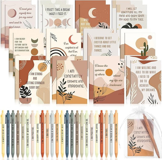 Mooliwe 24 Pcs Positive Affirmation Gift Set Gratitude Notebooks with Pens Small Bags Motivational Encouragement Notepads Daily Affirmations Journal for Women Stress Relief Self Care (Rainbow)