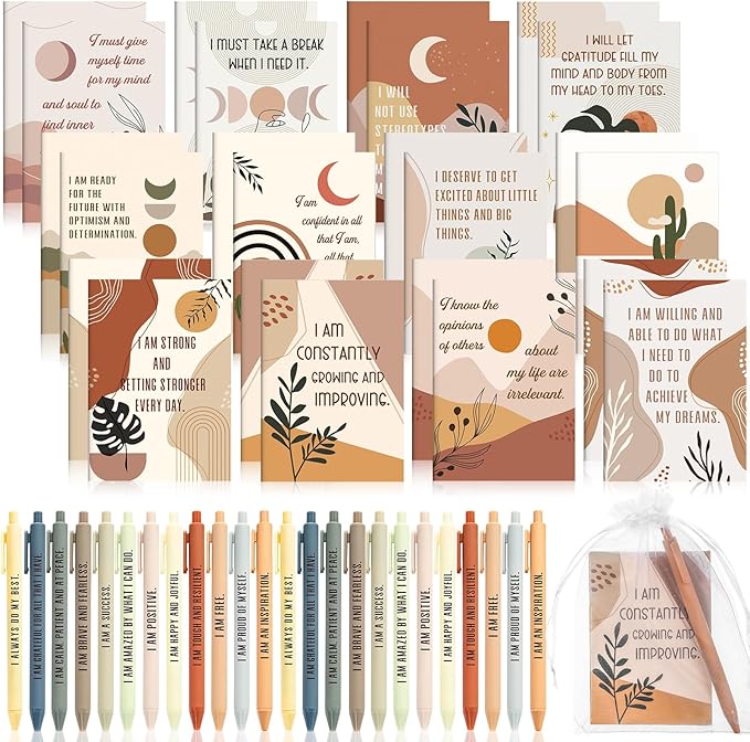 Mooliwe 72 Pcs Positive Affirmation Gift Set Gratitude Notebooks with Pens Small Bags Motivational Encouragement Notepads Daily Affirmations Journal for Women Stress Relief Self Care (Rainbow)