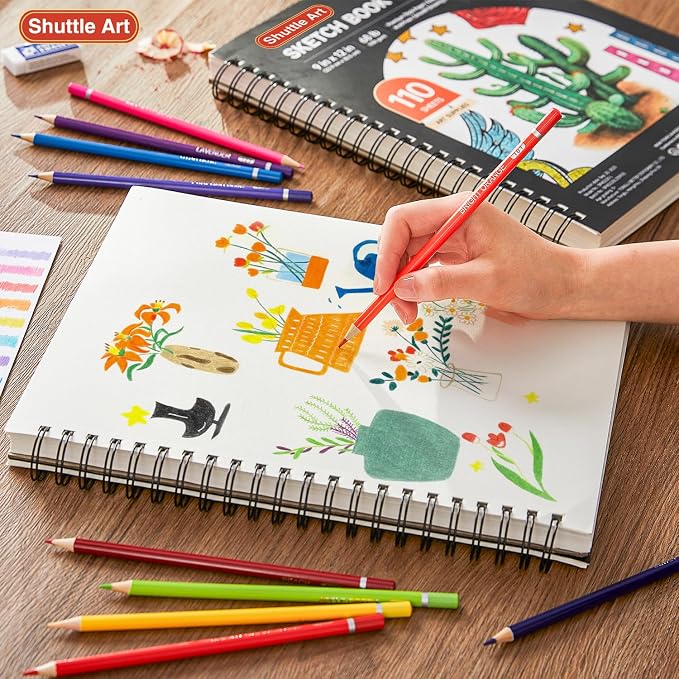 Shuttle Art 9x12” Sketchbook, 220 Sheets Total, Pack of 2(110 Sheets Each), 68lb/100gsm Thick Paper, Spiral Bound Mixedmedia Sketch Pad, Acid-free Drawing Pad for Kids Adults Artists Sketching Drawing