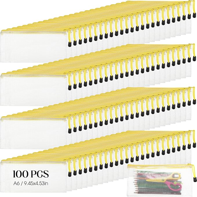 Handepo 100 Pack Mesh Zipper Pouch Pencil Pouches Bulk Clear Storage Bag Small Waterproof Purse Bag Multipurpose for Cash Board Game Passport Office(A6/9.45x4.53in,White Pouch Yellow Zipper)
