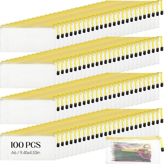 Handepo 100 Pack Mesh Zipper Pouch Pencil Pouches Bulk Clear Storage Bag Small Waterproof Purse Bag Multipurpose for Cash Board Game Passport Office(A6/9.45x4.53in,White Pouch Yellow Zipper)