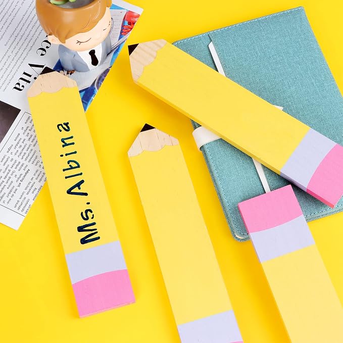 6 Pieces 9.8 x 2'' Pencil Teacher Name Plates Set Includes 4 PCS of Pencil Name Sign and 2 PCS of English Letter Template, Personalized Pencils Name Plate, Teacher Desk Name Plate for Desk Decor