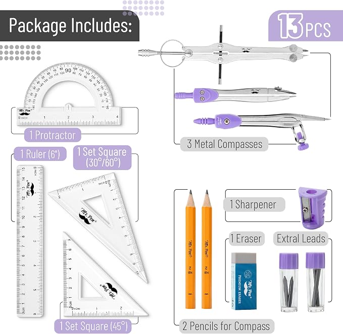 Mr. Pen- Geometry Set, 13 pcs, 3 Metal Compasses, Protractor, 6" Ruler | 45° & 30°/60° Set Squares, Pencils, Lead Refills, Sharpener & Eraser for Math, Drafting & Classroom Use | 45° & 30°/60° Set Squares, Pencils, Lead Refills, Sharpener & Eraser for ...