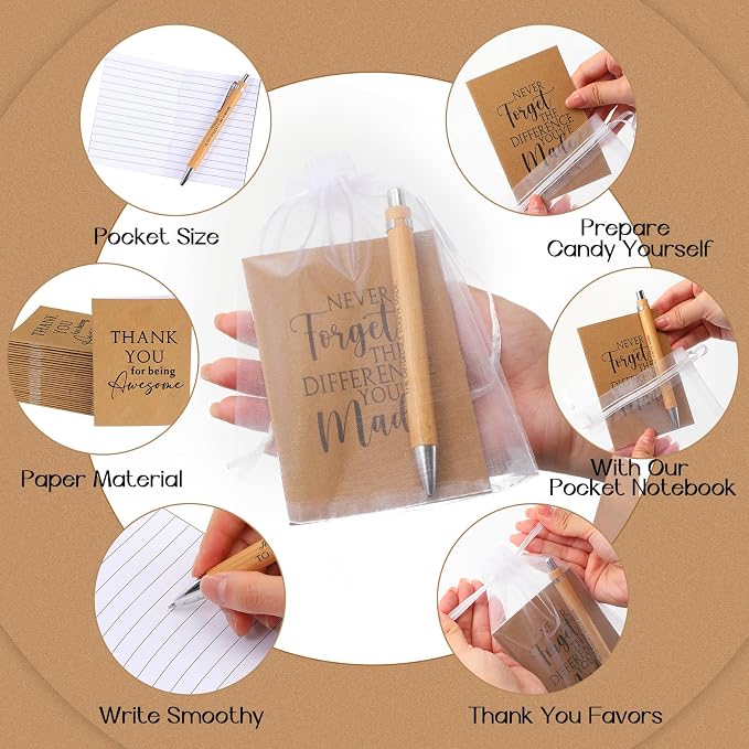 Teling 30 Sets Employee Appreciation Gifts Include Thank You Notebook Inspirational Wooden Retractable Ballpoint Pen with Organza Bag Notebook Journal for Back to School Staff Coworker Teachers