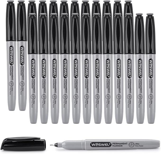 WOSWEL Ultra Fine Permanent Marker Bulk,24 Pack Ultra Fine Point Black Permanent Marker set, Felt Tip Pens Works on Plastic, Wood, Stone, Metal and Glass for Doodling, Marking
