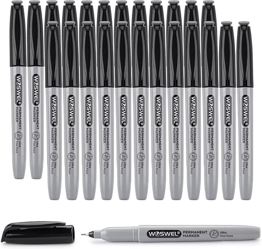 WOSWEL Ultra Fine Permanent Marker Bulk,24 Pack Ultra Fine Point Black Permanent Marker set, Felt Tip Pens Works on Plastic, Wood, Stone, Metal and Glass for Doodling, Marking
