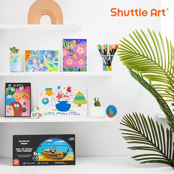 Shuttle Art 28 Colors Dual Tip Acrylic Paint Markers, Brush Tip and Dot Tip Acrylic Paint Pens for Rock, Ceramic, Wood, Canvas, Plastic, Glass, Stone, Calligraphy, Card Making, DIY Football Crafts