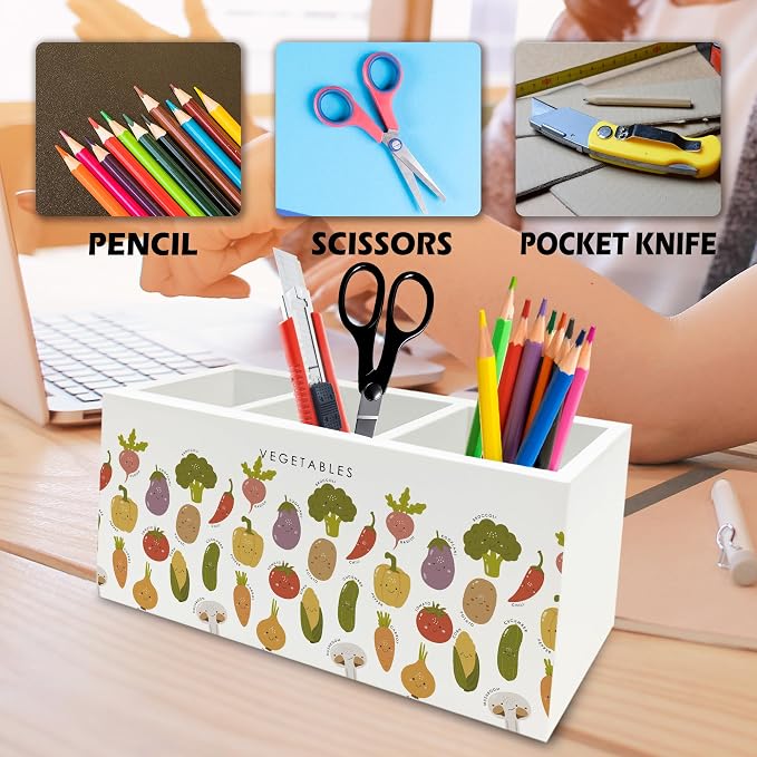 Boho Classroom Pen Pencil Holder Organizer for Desk, Vegetables Educational Wooden Box Signs Decorations for Kids Boys Girls Room Bedroom Classroom Bedroom Desk Tabletop, Kids Room Decor