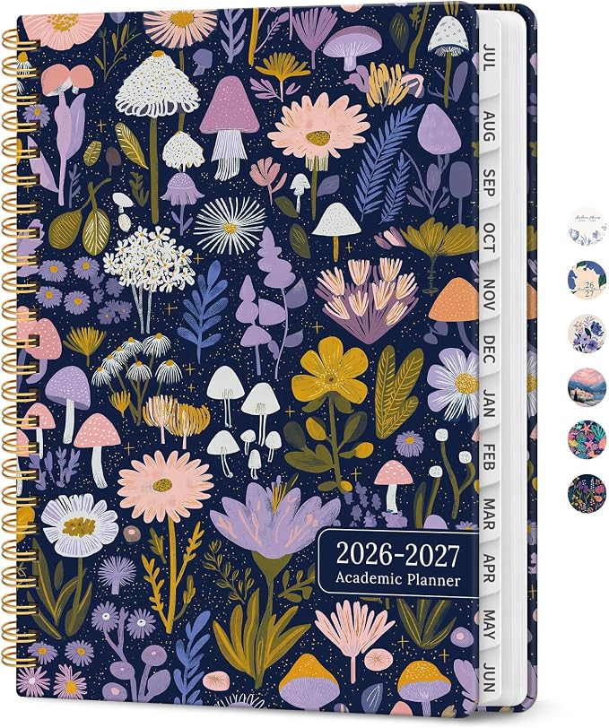 Planner 2026-2027, Academic Year Monthly and Weekly Calendar Planner, Jul 2026 - Jun 2027, Hardcover Teacher Student Planning Agenda book with Tabs, Perfect for School Office Supplies, 6.3" x 8.5" - Mushroom Garden