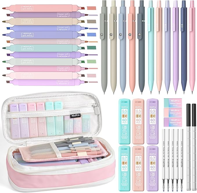 Nicpro School Supplies Stationary Set with Pencil Case, 39 PCS Pink | Back to Schoo Supplies, Pen Case with 12 Highlighter, 5 Gel Pen, 6 Mechanical Pencil, Essentials for College, Nursing Student