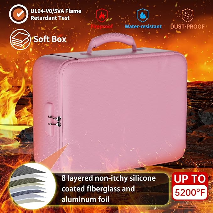 DocSafe 5200°F Fireproof Document Organizer Box with Lock, Pink (Soft) | Heat Insulated 8 Layers File Protection Bag,Water-Resistant Zipper,Portable Home Office Travel Safe Storage for Files,Laptop
