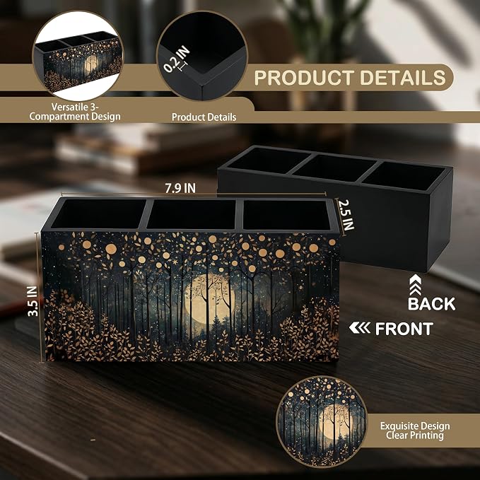 Rustic Gold William Morris Inspired Night Moon Forest Wooden Pencil Pen Holder for Desk Organizers and Accessories,Vintage Nature Botanical Makeup Brush Holder Organizer for Bathroom Vanity