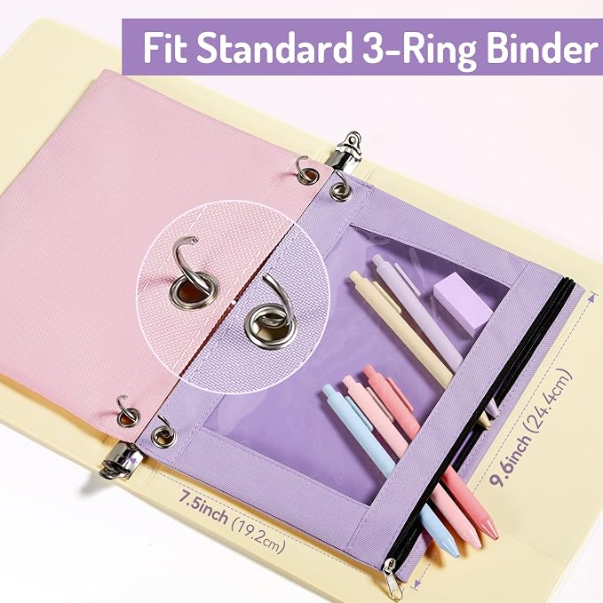 Forvencer Pencil Pouch for 3 Ring Binder, Pastels Pencil Case with Smooth Zipper, Cute Soft Pen Bag with Clear Window & 3 Reinforced Grommets, Big Capacity Binder Bag, School Office Supplies, Pink