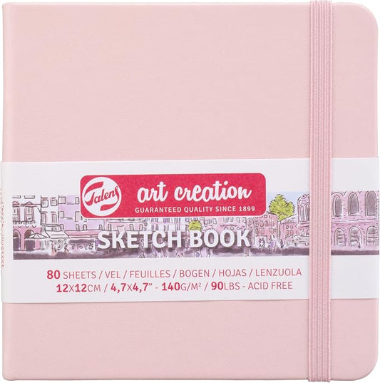 Talens Art Creation Sketchbook, Pastel Pink, 80 Sheets, 4.7 x 4.7 in | Hard-Bound Pocket Notebook, 140 GSM/94 lbs Paper, Acid-Free Cream Blank Paper, Ribbon Bookmark, and Elastic Closure