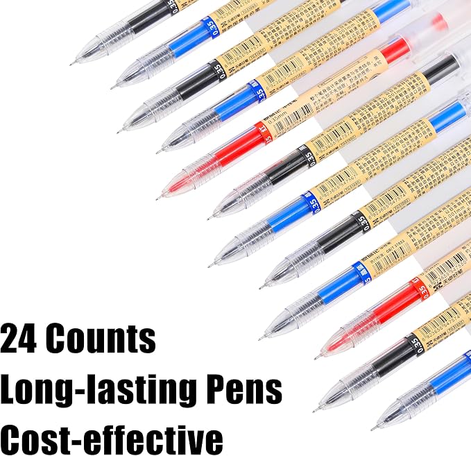 Japanese Style Black Blue & Red Gel Ink Pens, 0.35mm Extra Fine Point, No Smudge Quick Drying, Japanese Ink Pen for Journal Planners, Thin Notebook Paper, Office School Supplies 24 Pack